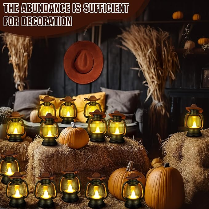 Ferraycle 12 Pcs Mini Cowboy Hats Lantern Decoration Western Cowgirl Lantern with LED Candle Small Brown Hanging Decor Rustic Camping Table Centerpieces for Wedding Birthday Party Supplies