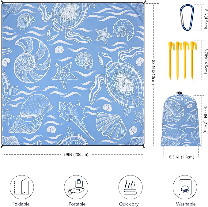 Beach Blanket Waterproof Sandproof Beach Mat 79" X 83"/10'x9'for 2-8 Adults Quick Drying Outdoor Picnic Mat Beach Accessories for Travel, Camping, Hiking