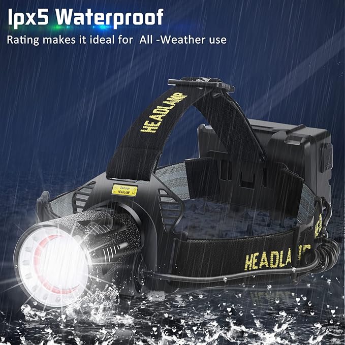 Aikertec Headlamp Rechargeable, Super Bright Headlamp for Adults, 7 Modes, Zoomable, IP68 Waterproof Head Flashlight for Camping Hunting Fishing (Batteries Included)