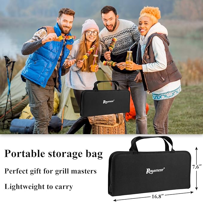 ROMANTICIST 27pcs Heavy Duty Grilling Gifts for Men Dad Fathers Day, Extra Thick BBQ Accessories Tools Set, Stainless Steel Grill Utensils Kit with Meat Claws, Canvas Bag for Outdoor Camping Silver