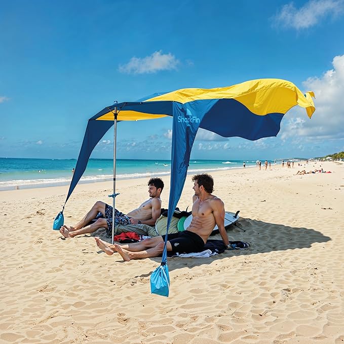 Shark FIN Shade Beach Tent Wind Sun Canopy Portable Easy Set Up UPF 50+ No Assembly Required 3-30 MPH - 1 to 8 People - Tie Downs Included - 2 Sizes Large 9' X 10' & Giant 13.5' X 10' PATENTS Pending