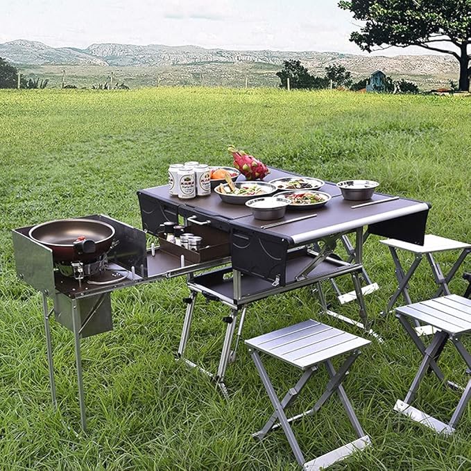 Folding Table Outdoor Camping Mobile Kitchen Portable Tableware Stove Folding Multifunctional Cooker Self- Driving Tour Equipment Folding Picnic Table (Color : A)