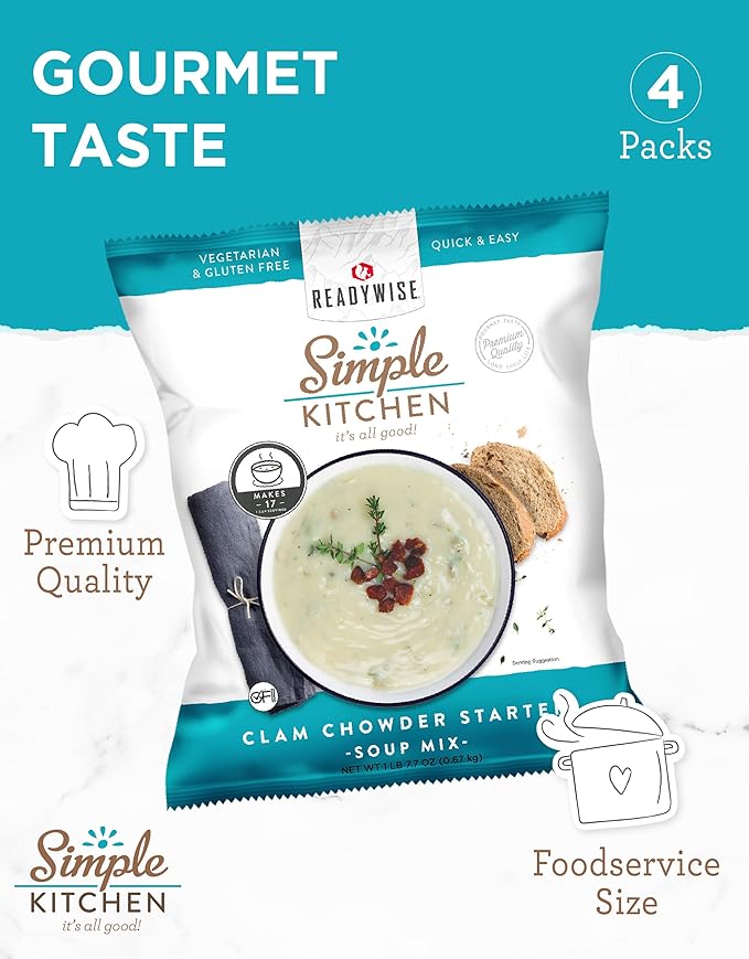 Simple Kitchen New England Clam Chowder Soup Mix - 17 Servings for Meal Prep, Vegetarian, Gluten Free & Freeze Dried Canned Food for Camping Meals, Backpacking & Hiking, Survival Kit, Pack of 4