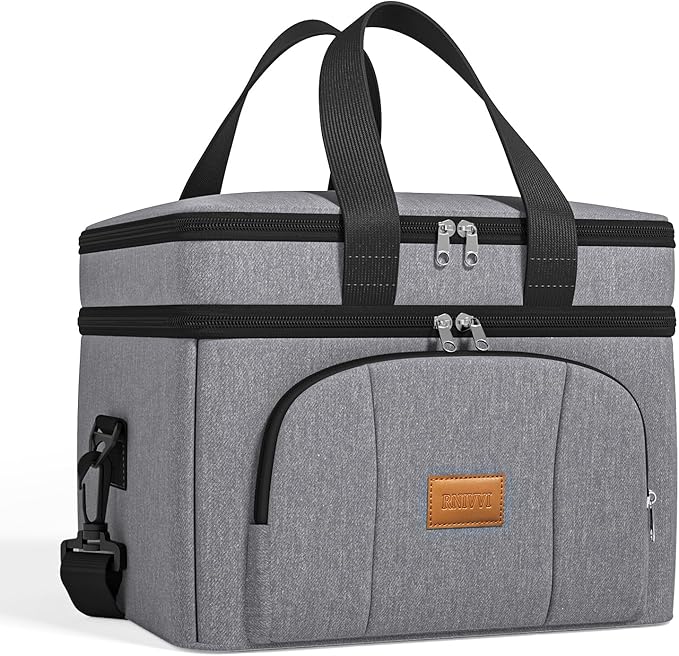 Rnivvi Lunch Box for Men, Double Decker Insulated Cooler Bag Lunch Bag Reusable Leakproof Tote Lunch Container with Strap for Work Family Picnic Hiking Camping, 18 Cans 12L, Large Adults, Gray