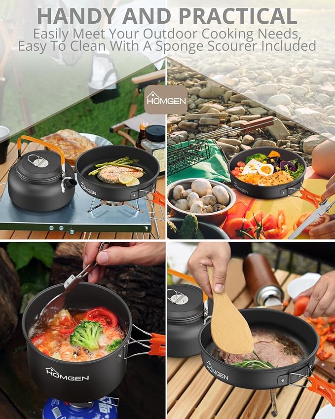 HOMGEN Portable Camping Cookware Set-Lightweight Aluminum Camp Pots and Pans Kit-Comes with Non-Stick Pots/A Frying Pan etc-Complete Camping Mess Kit for Camping/Hiking/Fishing & Other Outdoor Trip