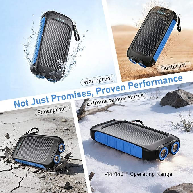 Portable Charger Solar Power Bank 8000mAh with USB-A and USB-C 5V/3A Output Port Blue Battery Pack Compatible with iPhone, Samsung, Waterproof Emergency LED Flashlights Perfect for Camping, Hiking