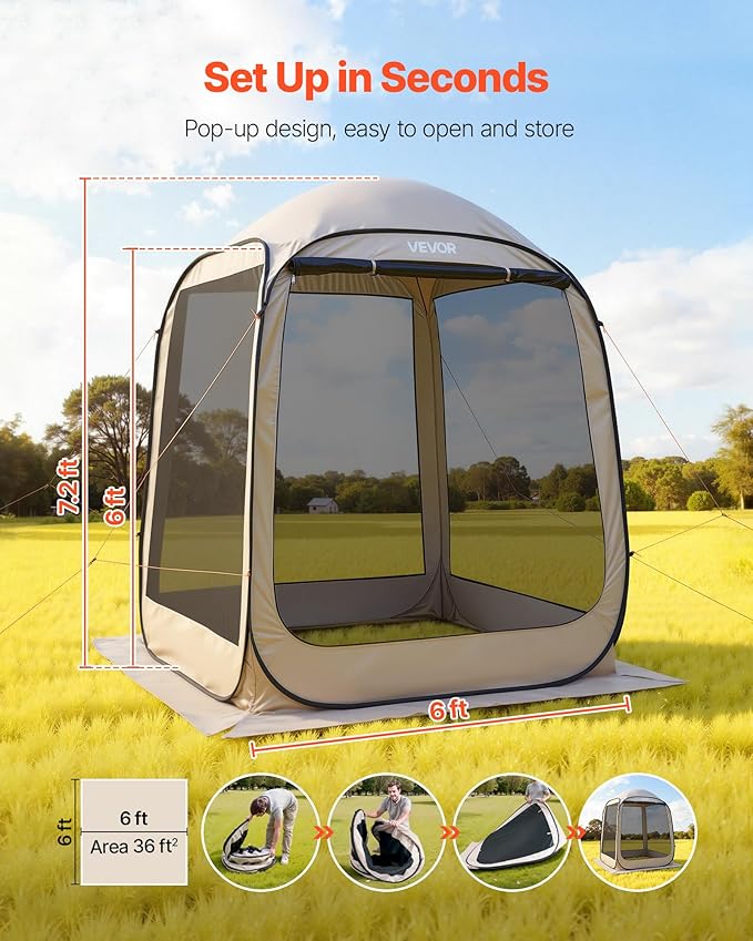 VEVOR 6 x 6 ft Pop up Screen House Tent, 4-6 Person Portable Screen Gazebo, with Carry Bag, Netting Sides & Ground Stakes, Quick Setup, Screened Canopy for Garden, Patio & Backyard, and Outdoor, Beige