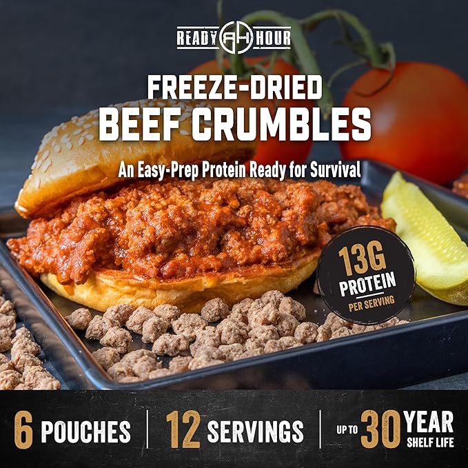 Ready Hour Freeze-Dried Beef Crumbles Case Pack – 12 Servings (6 Pouches) – Emergency Protein Supply, Long-Term Meat Storage, Prepper Meat Pack, Shelf Stable Beef, Survival Food