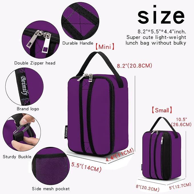 BEIMILY Lunch Box for Men Women Adults,Mini Insulated Lunch Bag for Office Work Picnic,Reusable Portable Lunchbox,Soft Cooler Tote Bag,6 can cooler bag,Mini,Dark Purple