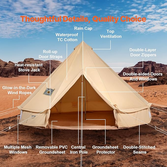VEVOR Canvas Tent Bell, Yurt 4 Seasons for Camping with Stove Jack, Breathable Holds up to 4 People, Family Camping Outdoor Hunting Party