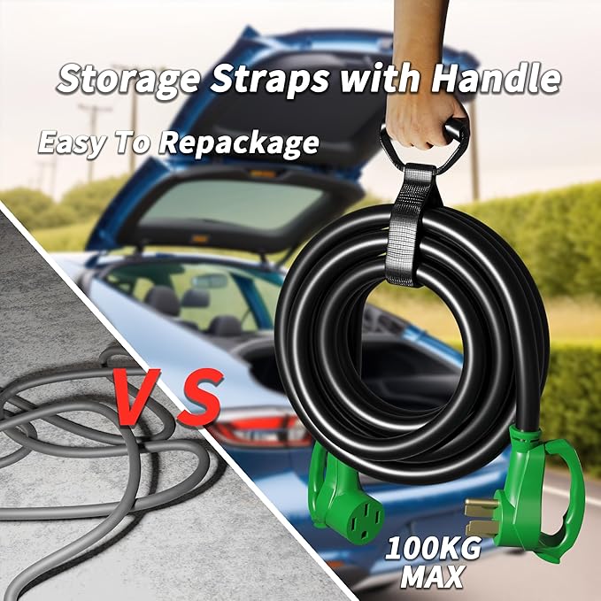 NEMA 14-50P/14-50R 75 FT 40 Amp RV/EV Extension Cord Outdoor with Grip Handle, 4 Prong Flexible Heavy Duty STW RV Power Cord Waterproof, 40A 125/250V 5000/10000W, Black-Green, ETL Listed