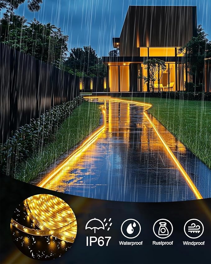 Solar Led Strip Lights Outdoor, 20ft Solar Rope Lights Self-Adhesive Waterproof, 8 Mode with Remote Timer and Auto On/Off, Perfect for Deck, Patio, Poolside, Camping Decor, Warm White