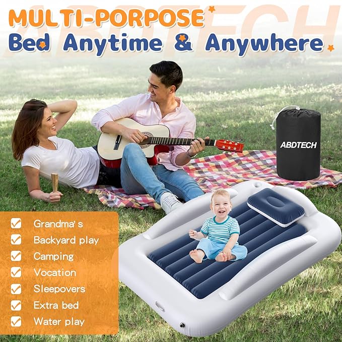 Inflatable Toddler Travel Bed - Portable Toddler Kids Travel Bed with Safety Sides Complete Kids Air Mattress Set with High-Speed Pump, Ideal for Vacation Camping and Sleepover (60 Inches)