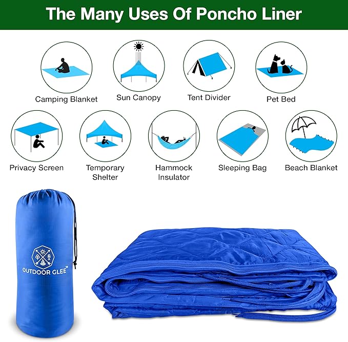 Wearable Blue Military Woobie Poncho Liner with Head Hole. Has Zippers That converts to Sleeping Bag. Water-Resistance, Ripstop Poncho Blanket with Drawstring Bag. Perfect for Outdoor Enthusiasts.