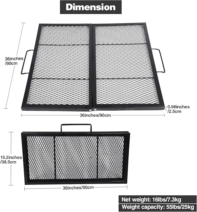 Lineslife 36 Inch Square Fire Pit Cooking Grill Grates, Folding Outdoor Campfire BBQ Grill Rack with Handles, Portable Outside Camping Gear Cookware and Accessory