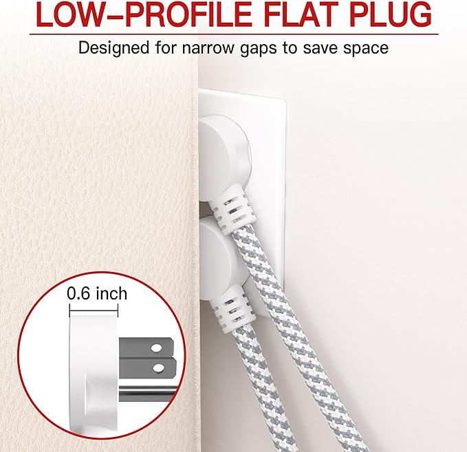 16/3 Flat Plug Braided Extension Cord 3 FT, Indoor 3 Prong Grounded Low Profile Extension Wire Flexible, Suitable for Home and Office, 13 Amp 1625 Watt 125VAC 16AWG, ETL Listed