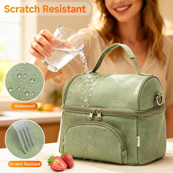 Mens Lunch Box with 2 XL icepacks,Sturdy Waxed Canvas Insulated Lunch Bag for Adult, 2 Compartment Soft Cooler Bag For Work, Picnic, Travel, Outdoors (10.5L) 10"x7"x9.5" (London Green)