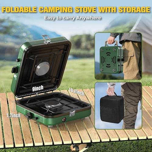 2 Burner Camping Stove, 20000 BTU Propane Camp Stove Portable Folding Gas Travel Stove Camping Essentials Gears Includes Grill,Carrying Bag, Adjustable Burners & Piezo Ignition for Tailgating,BBQ,Camp