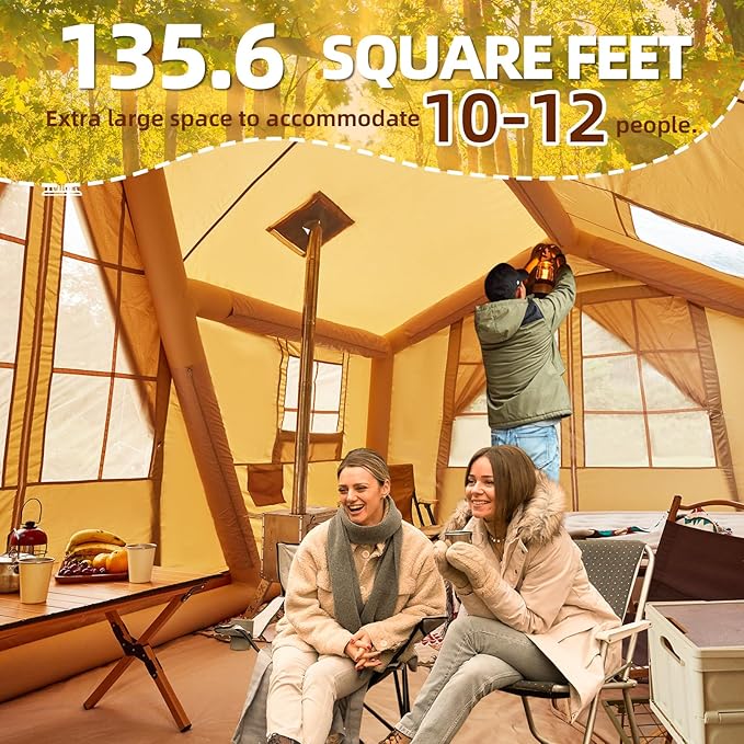 YOLENY Inflatable Tents for Camping, 6-12 Person Blow Up Tent with TPU Skylight, Canopy, Mesh Windows, Stove Jack & Pump, 4 Season Large Inflatable Tent, Waterproof & Windproof