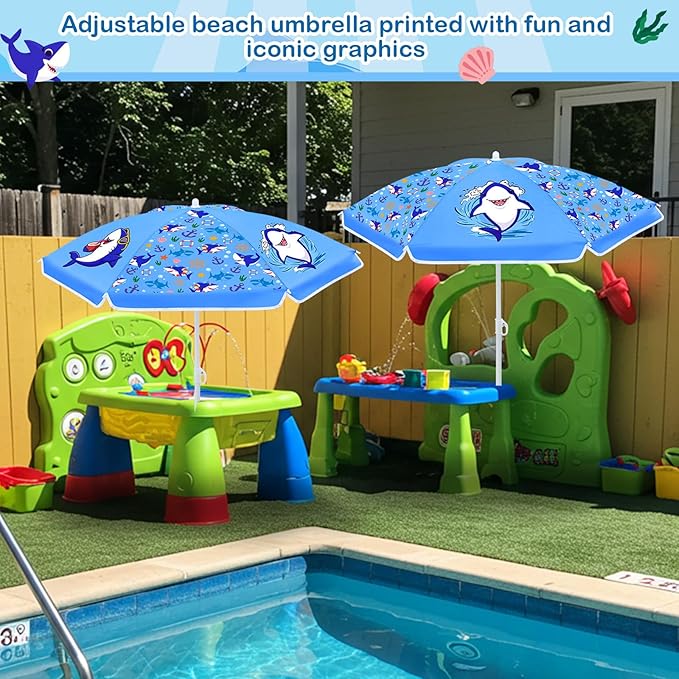 Sweetude Water Table Umbrella (Table Not Included), Kids Seaside Beach Umbrella Picnic Canopy for Summer Toddlers Sand Beach Camping Garden Outdoor Pool Shade Party Supply(Shark Theme)