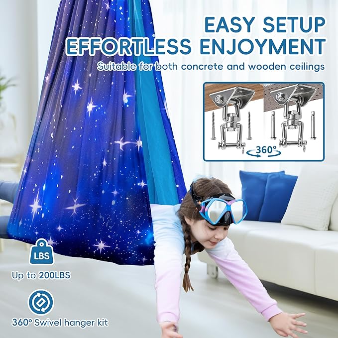 OUTREE Sensory Swing for Kids, Double Layer Therapy Hammock, Indoor Swing with 360° Swivel Hanger Kit and Adjustable Straps, Autism Sensory Product for Autism, ADHD (Blue Starry-Sky Printed)