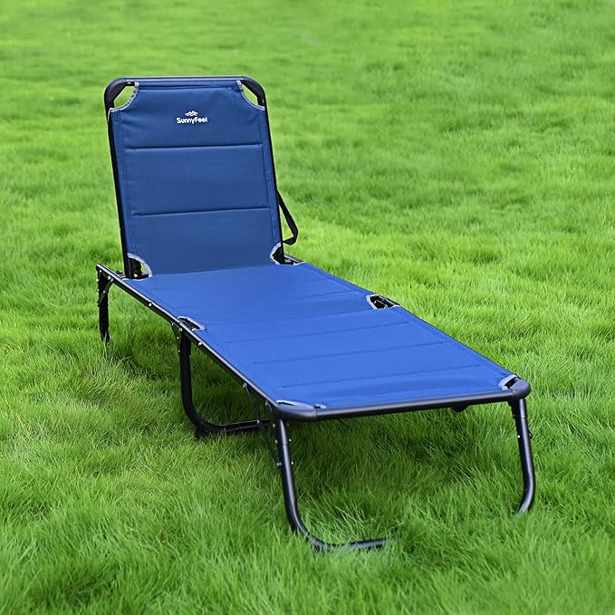 SUNNYFEEL Folding Lounge Chair Patio Chaise, Outdoor Portable Sun Lounger, Folding Camping Cot, with Adjustable Backrest and Removable Pillow for Outside Beach, Sunbathing, Pool, Lawn, Deck