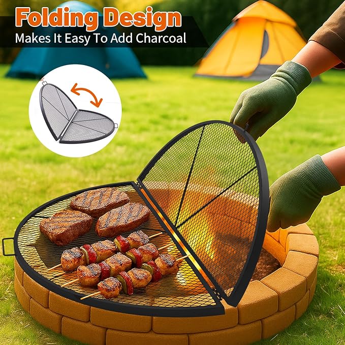 40 Inch X-Marks Fire Pit Grill Grate Round Foldable Fire Pit Cooking Grate Heavy Duty Steel Campfire BBQ Grill Grid with Handles for Outdoor Camping Cooking, Black