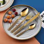 Gold Carved Handle Kitchen Utensils Set for 6 Personer Silverware Set Spoons and Forks Set Flatware Set Mirror Effect Cutlery, Integral Molding for Daily Household Use & Camping, 24-Pcs