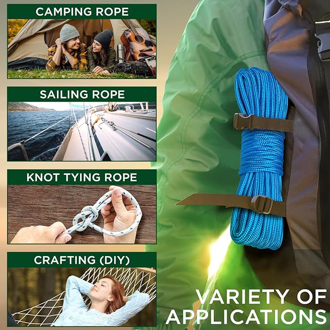 TECEUM Rope – 90 Feet x 1/4 Inch (7mm) – Sky Blue – Strong All-Purpose Utility Rope – Camping, Crafting, Flag Pole, Indoor & Outdoor – Polypropylene Nylon Poly Lightweight Diamond Braided Cord