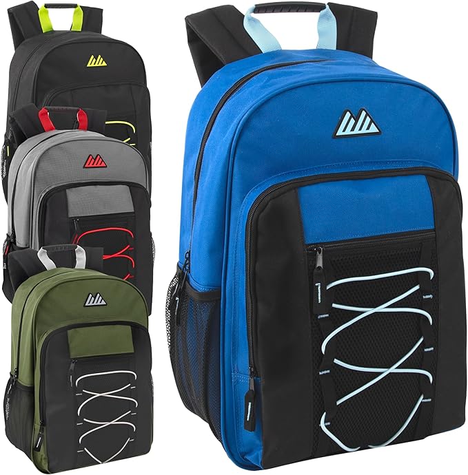 Trail maker (24 Pack) 18 Inch Heavy Duty Bulk Dual Compartment Bungee Backpacks for College, Homeless, Men, Women (Dark Colors Pack)