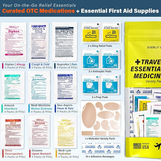 Travel Essential Medicine First Aid Kit I Bonus Medical Supplies I TSA Compliant Mini Size Medkit for Traveling Camping Trips Individually Packed 64 Tablets (Refill Pack)