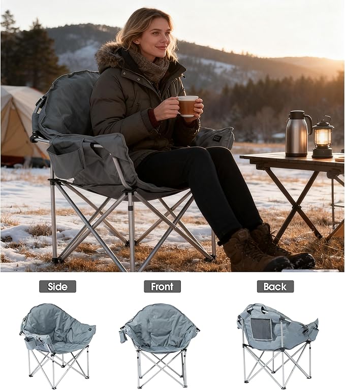 SunSettler Heated Camping Chair, Oversized Heated Outdoor Chairs for Adults with 3 Heat Levels, Portable Folding Padded Chair for Camp, Lawn, Sports (Battery NOT Included) (Grey, Oversized)