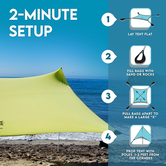 Neso Gigante Portable Beach Tent Sun Shelter - Lightweight Beach Shade Canopy - Easy Setup for Family Outings - Patented Reinforced Corners - UPF 50+ Sun Protection - 8ft Tall, 11 x 11ft - Lemon