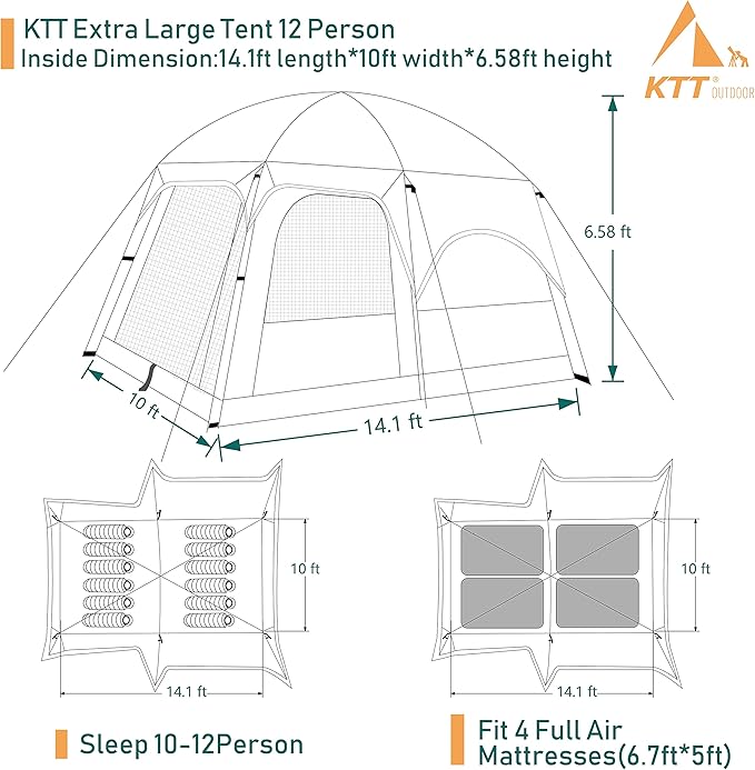 KTT Large Tent 8-10-12 Person,Family Cabin Tents,2 Rooms,2 Doors and 4 Windows with Mesh,Straight Wall,Waterproof,Double Layer,Big Tents for Outdoor,Picnic,Camping,Family Gathering