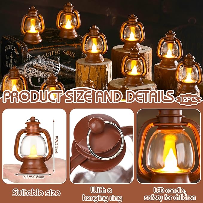 Ferraycle 12 Pcs Mini Lantern Decor 4 Inch Western Lantern Table Centerpiece Small Vintage Camping Hanging Lamp Ornaments Bulk for Cowboy Cowgirl Wedding Halloween Christmas (4 Inch,Brown)