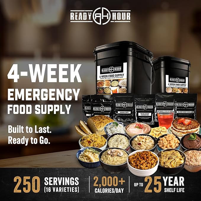 Ready Hour 4-Week Emergency Food Supply (250 Servings), Emergency Food Storage and Meal Entrées, Real Non-Perishable, 25-Year Shelf Life Food, Portable Flood-Safe Container