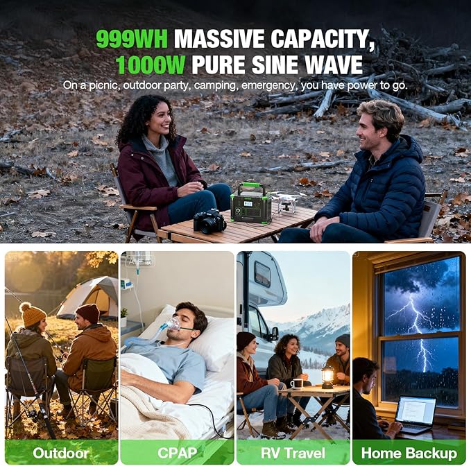 999Wh Solar Generator 1000W (Peak 2000W) Portable Power Station,110V Pure Sine Wave AC Outlets,60W Fast-Charging USB-C PD,Built-in Wireless Charger,RV Travel, and Home Backup Emergency