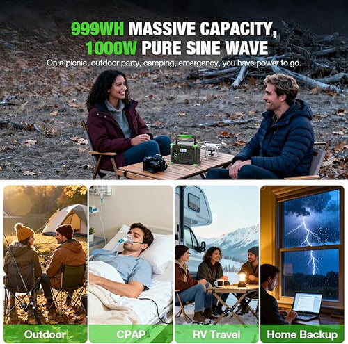 999Wh Solar Generator 1000W (Peak 2000W), Portable Power Station with Pure Sine Wave AC Outlet, 60W USB-C PD Fast Charging, 10-Port Hub for RV Camping, Home Backup, Emergency & Off-Grid Living