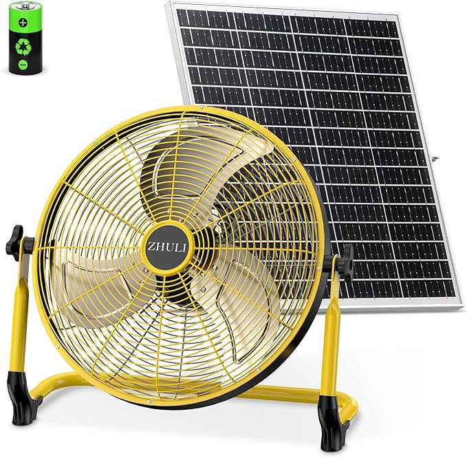 ZHULI 14" Solar Fan, Portable Battery Operated Floor Fan, Rechargeable Cordless Camping Fan, 30W Solar Panel, Hi-Velocity Brushless Motor, Metal Blade, USB Phone Charge, 8~60H Runtime, Quiet, Wireless