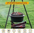 Velaze 10QT Camping Dutch Oven, Pre-Seasoned Cast Iron Camp Dutch Oven Pot with Lid, for Use in the Oven, on the Stove, Grill, or over the Campfire - Metal Handle, Lid Lifter, and Stand Support