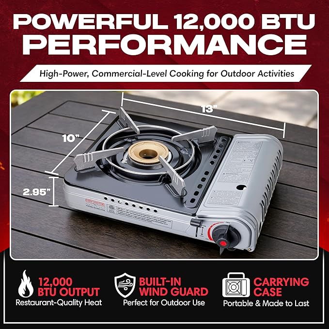 Chef Master 12,000 BTU Portable Butane Stove - Gas Burner for Camping & Outdoor Cooking - Countertop Cooktop with Carry Case, Wind Guard & Electronic Ignition - Portable Cooker & Burner Stove – 90235