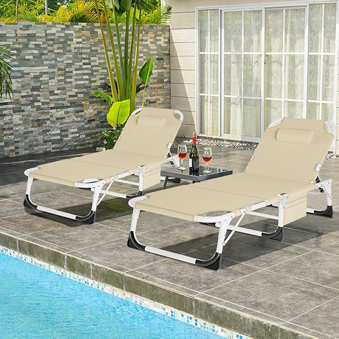 DoCred Folding Lounge Chair with Mattress, 5 Position Adjustable Folding Sleeping Bed Cot Chaise Lounge Chairs Perfect for Sunbathing, Camping, Pool, Beach, Patio
