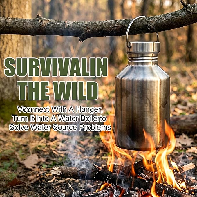 68oz Canteen Large Stainless Steel Water Bottle with 2 Nested Camping Cups Leak Proof Reusable Thickened Metal Canteen Wide Mouth Water Boiler Survival Gear for Camping Hiking and Backpacking
