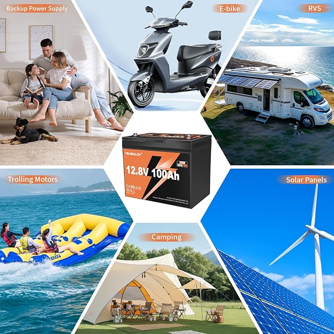 12.8V 100Ah Mini LiFePO4 Lithium Battery Built-in 100A BMS 1.28kWh 10-Year Lifespan Rechargeable Battery 6000 Deep Cycles Perfect for RV Trolling Motor Marine Solar