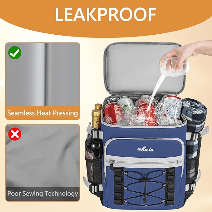 Cooler Backpack, 40 Cans Insulated Lunch Backpack Picnic Backpack for Men&Women, Durable Cooler Bag with 2 Leak Proof Compartments for Picnic, BBQ Camping, Lunch, Beach, Hiking, Blue