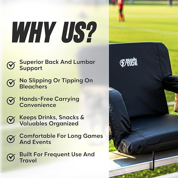 BRAWNTIDE Stadium Seat for Bleachers with Back Support - Wide Padded Reclining Bleacher Seat, Portable Folding Stadium Chair with Armrests, Hooks, Straps, Cup Holders & Pockets for Games & Concerts