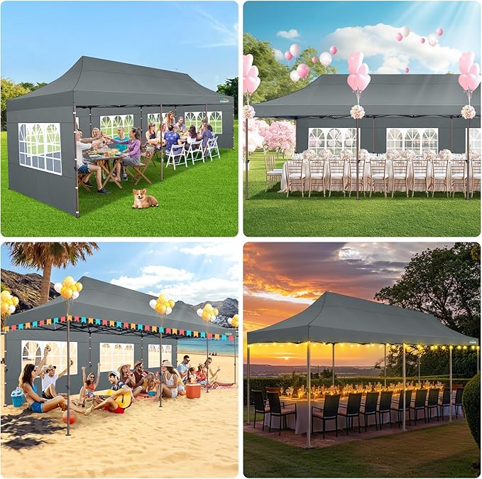 COBIZI 10x30 Pop Up Heavy Duty Canopy with 8 Sidewalls and Hexagonal Legs, Easy up Tent for Party, Wedding and Commercial, Outdoor Canopy with Roller Bag, Sand Bags, Waterproof & UPF50+ (Gray)