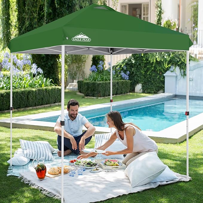 EAGLE PEAK Pop Up Canopy Tent with Wheeled Carry Bag, 8 Stakes, 4 Ropes, Easy Set Up Tent Canopy, 6.6x6.6 ft, Green