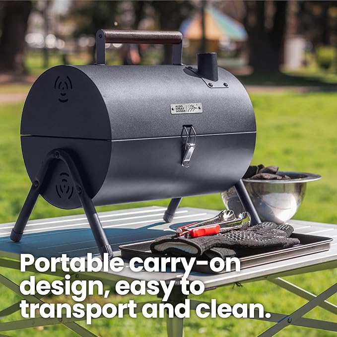 AGG Portable Charcoal Grill - 2-in-1 Tabletop BBQ & Griddle Combo - Compact Mini Barrel Grill for Camping, Balcony & Tailgating - Includes Apron, Heat-Resistant Gloves & Tongs -Small Outdoor Grill