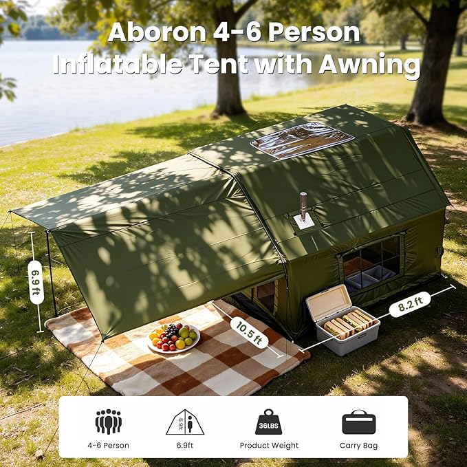 ABORON 2/6/8/10/12 Person Inflatable Camping Tent, Easy Setup Blow Up Tent with Hand Pump, PU3000mm Waterproof & Breathable 4 Season Glamping Tent for Outdoor Camping